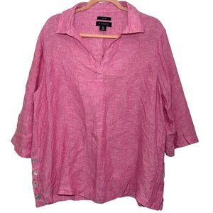 Tahari Pink 100%‎ Linen Tunic 1X Lagen Shirt Top V Neck Shell Buttons 3/4 Sleeve